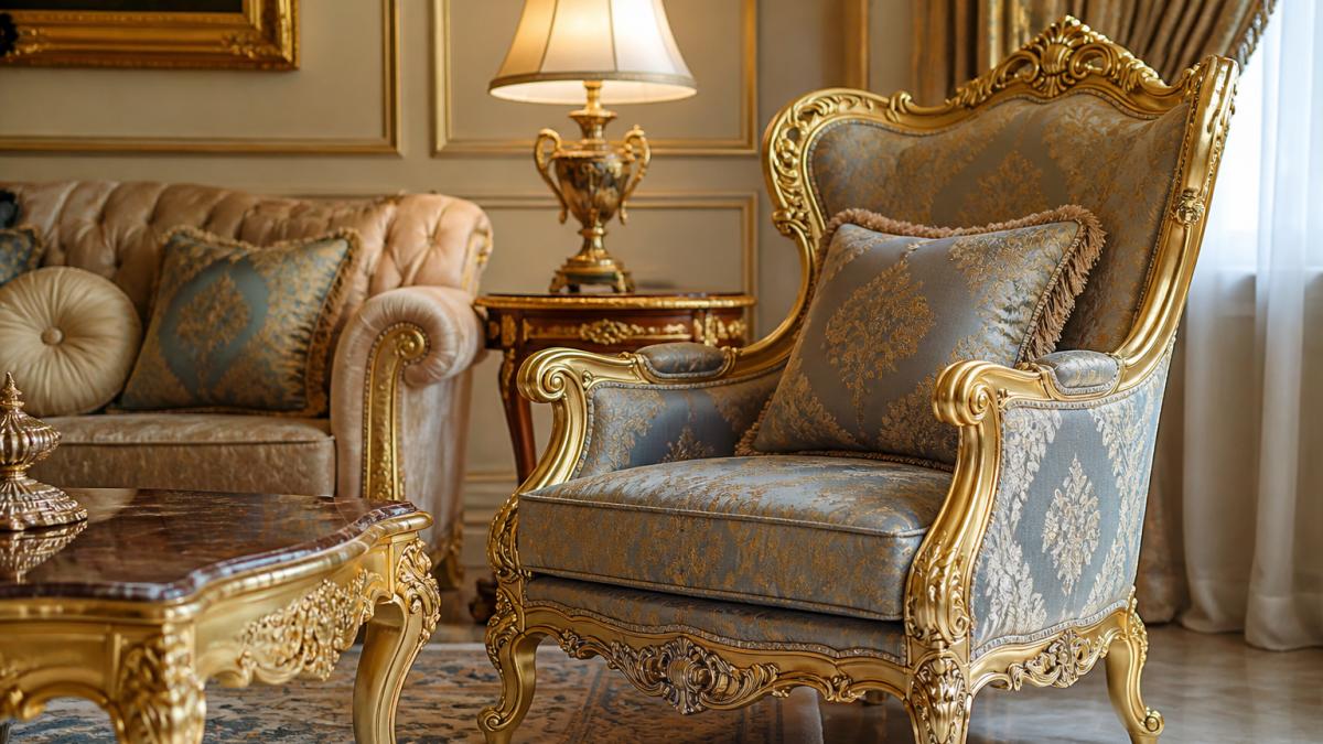 Elegantes Wohnzimmer mit handwerklich gefertigten Barockmöbeln, detaillierte Schnitzereien und Blattgoldverzierungen an einem Sessel, luxuriöse Stoffe und Massivholzrahmen in warmer Beleuchtung