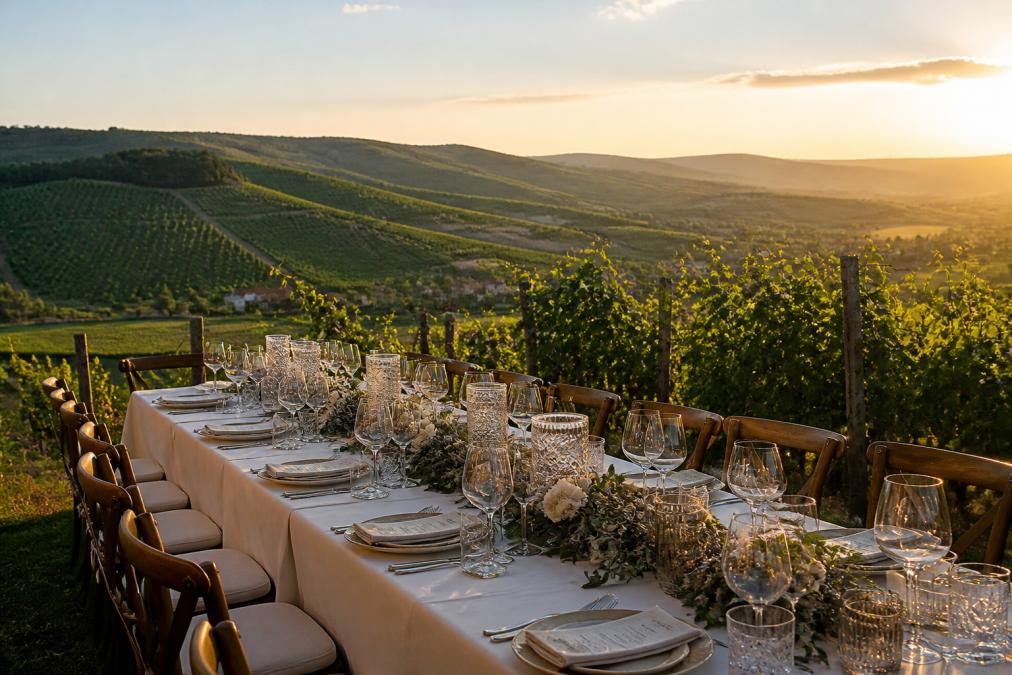Festlich gedeckte Tafel inmitten grüner Weinreben bei warmem Abendlicht, mit Blick über die Hügel Rheinhessens