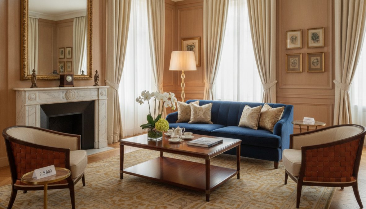 Elegant furnished luxury hotel suite with baroque-style furniture, marble accents, velvet upholstery, and sophisticated crystal chandeliers in a five-star setting with warm lighting