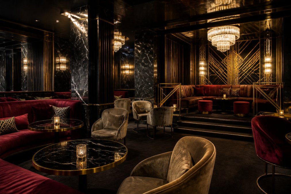 Eleganter gehobener Club mit Art-Déco-Elementen, geometrischen Mustern, luxuriöser Bestuhlung in Marmor und Velours, stimmungsvoller Beleuchtung mit goldenen Akzenten und exklusivem VIP-Lounge-Bereich mit Kronleuchtern