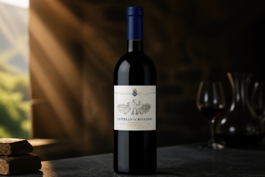 Elegante Weinflasche mit sichtbarem Jahrgang als Symbol für exklusive Weine für besondere Anlässe vor warm beleuchtetem