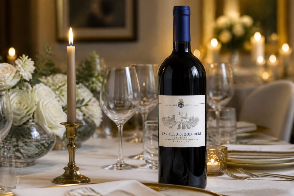 Eine Magnumflasche als exklusive Weine für besondere Anlässe auf einem festlich gedeckten Tisch mit Weingläsern bei warmem