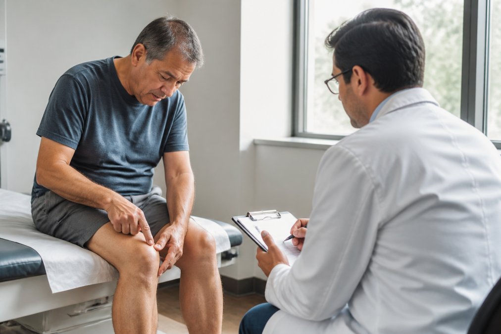 A middle-aged patient sitting in a modern medical consultation room, pointing to their knee while a doctor in a white coat listens and takes notes on a clipboard, soft natural light from a window