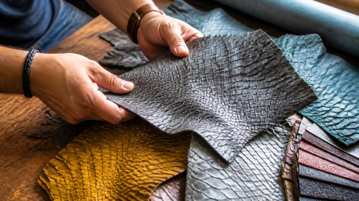 Close-up of hands examining different colored fish leather samples and material swatches on a wooden workbench, with natural lighting highlighting texture and color variations