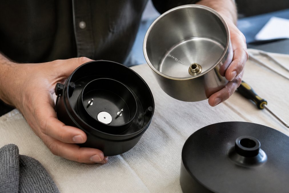 Close-up of hands examining internal components of a premium diffuser, showing the precision-engineered ultrasonic diaphragm and stainless steel water chamber against a clean workbench with tools visible