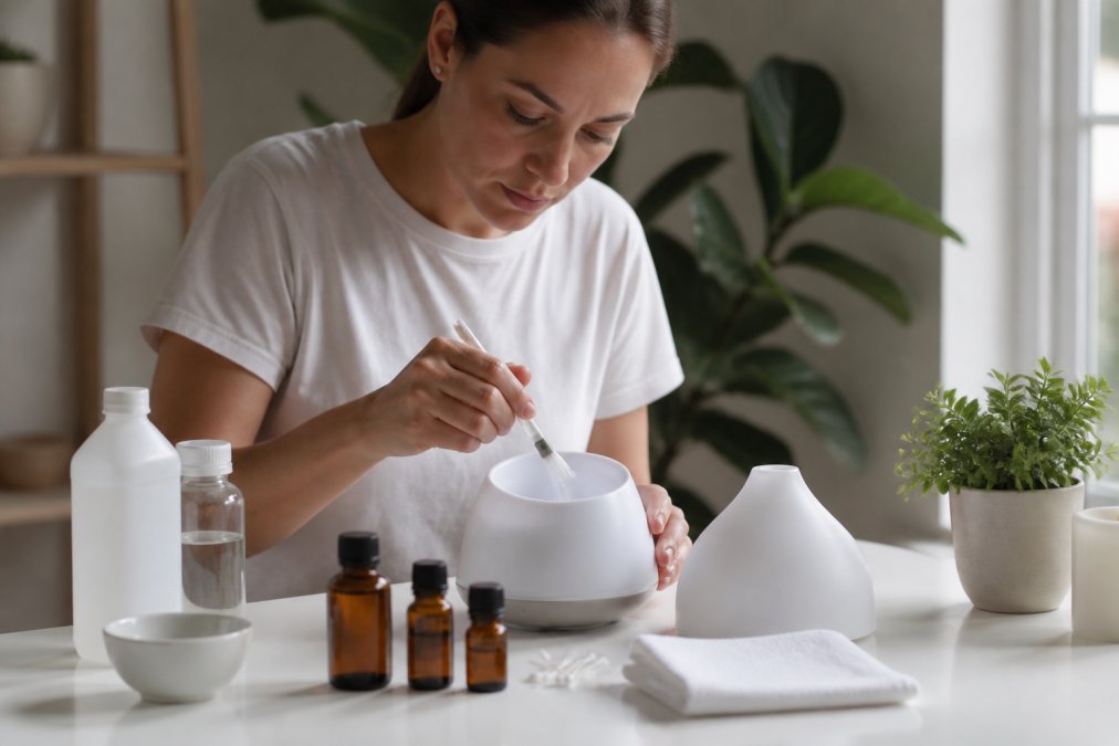 Person carefully cleaning an ultrasonic diffuser with a soft brush and cotton swab, with essential oil bottles and cleaning supplies arranged on a white surface, natural window lighting
