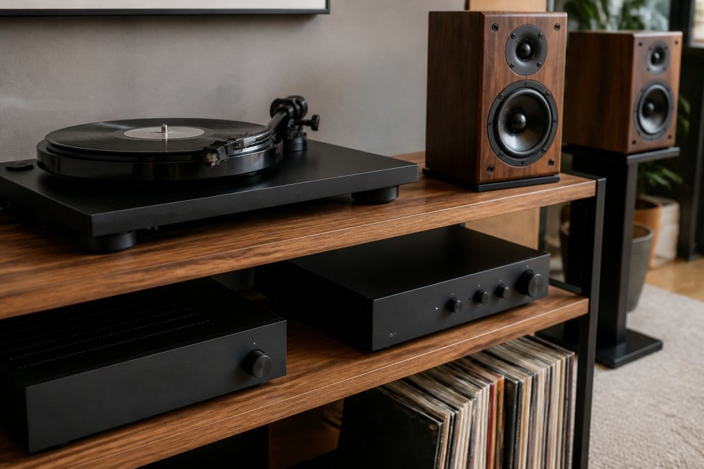 Vinyl turntable with tonearm and cartridge connected via cables to an amplifier and bookshelf speakers arranged on wooden shelving in a home listening room, warm ambient lighting