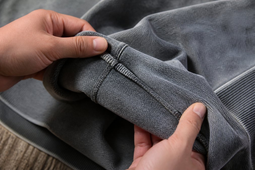 Close-up of premium snow-washed cotton hoodie fabric showing natural texture variations, visible stitching detail at seams and cuffs, with hands demonstrating the fabric weight and drape