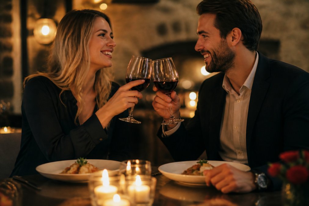Couple toasting wine glasses at candlelit dinner table with elegant plating and soft warm lighting in intimate restaurant setting