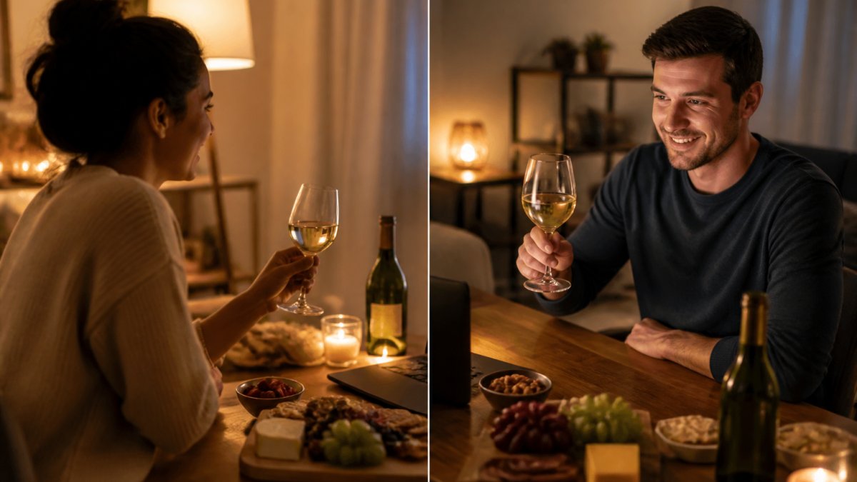 A couple on a video call, each holding wine glasses in their separate homes, smiling at the screen during an online wine tasting with warm lighting from their individual spaces