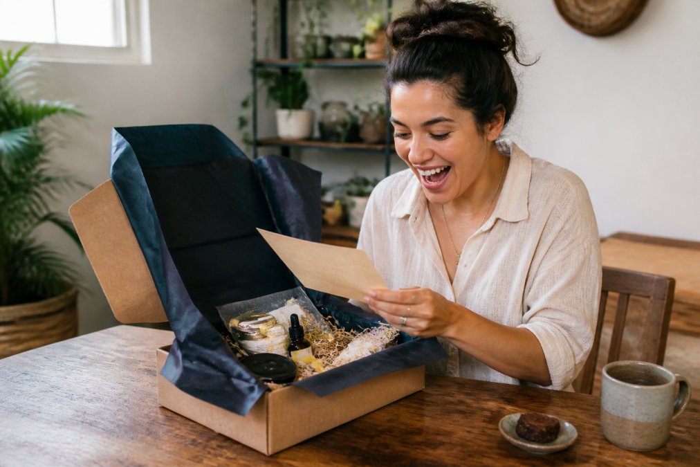 Person carefully unboxing a premium subscription box at a wooden table surrounded by natural light, revealing layered tissue paper, artisanal products, and hand-written tasting notes with visible delight and surprise