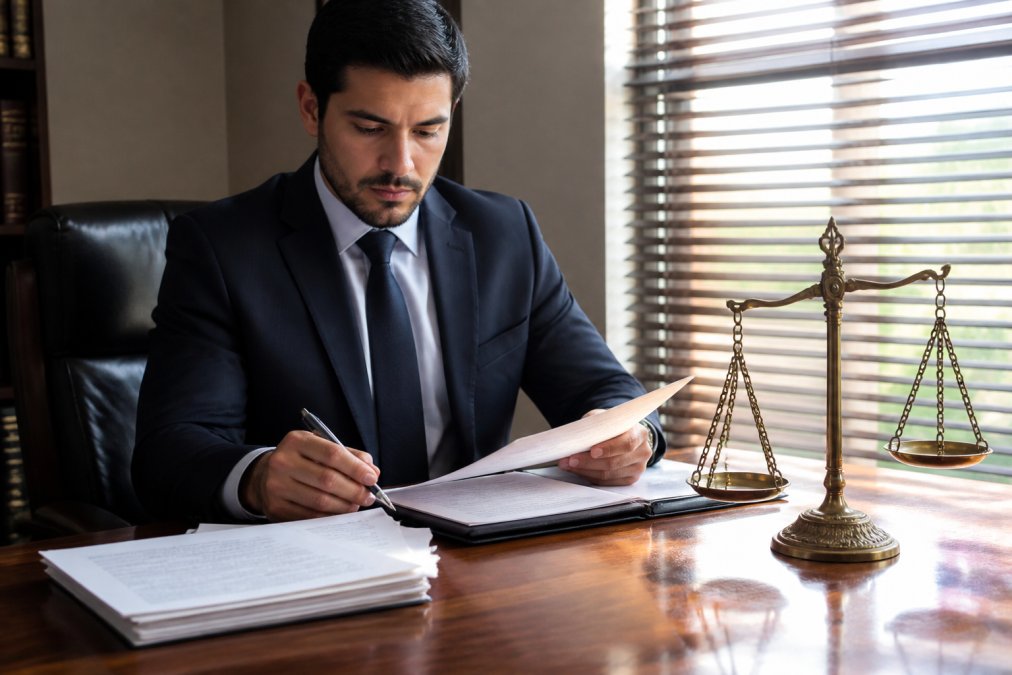 A professional attorney in a tailored suit reviewing legal documents at a polished wooden desk, a scale of justice figurine nearby, with soft natural light streaming through office blinds