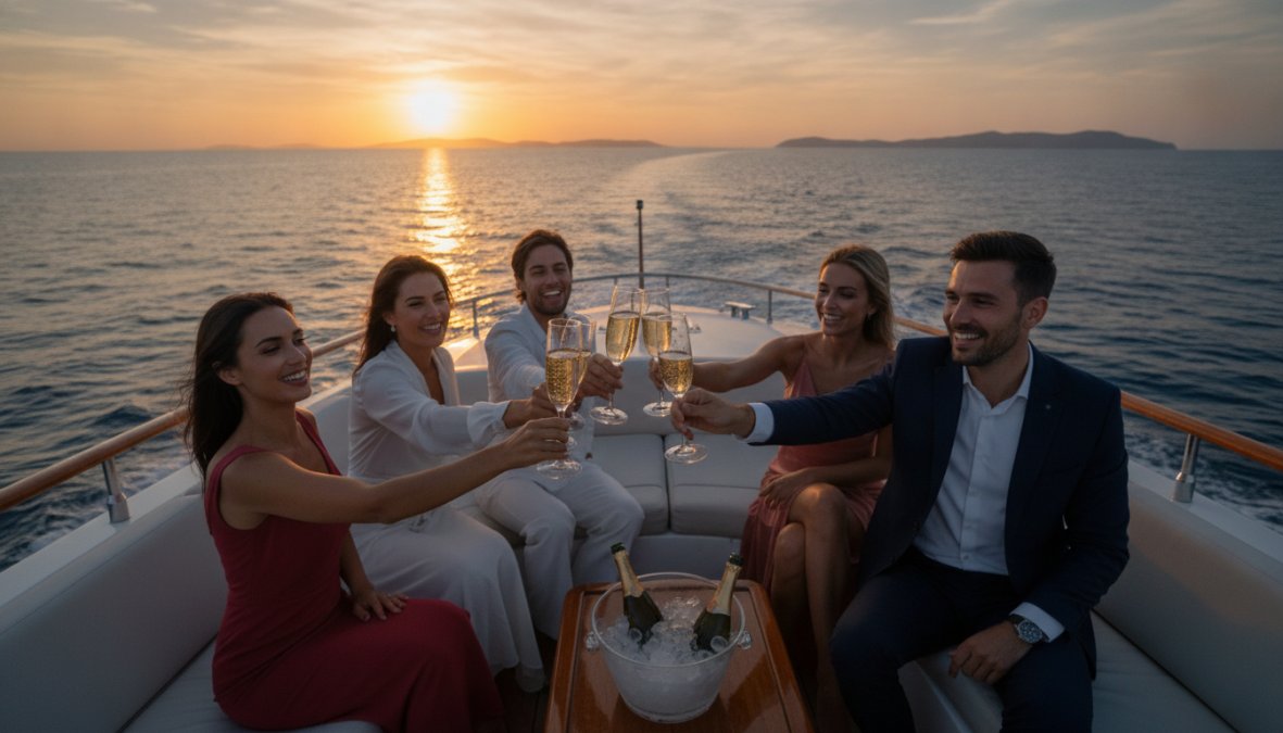 Amigos elegantes brindando con champán en un yate durante experiencias de lujo para despedidas soltero al atardecer.