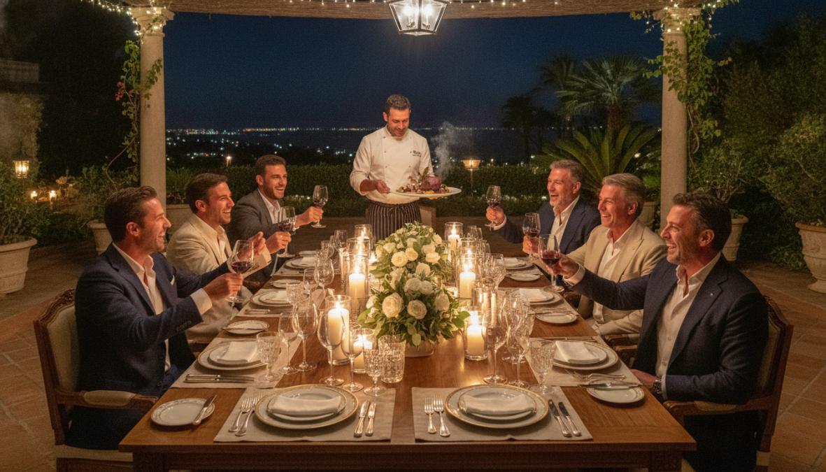 Mesa de cena gourmet privada montada en la terraza exterior de una villa al aire libre por la noche, con velas encendidas, vajilla fina y un chef presentando un plato elaborado a un grupo de comensales elegantes