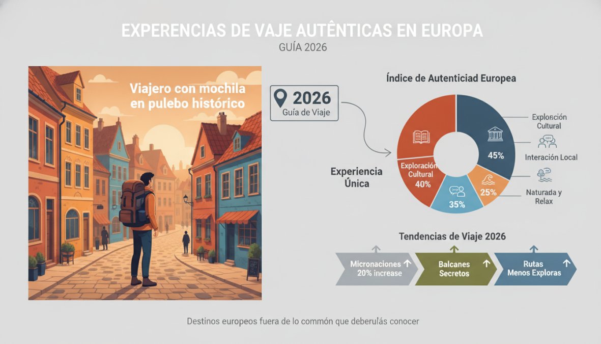 Viajero con mochila de pie en una calle empedrada de un pequeño pueblo histórico de Europa del Este, con edificios de colores vivos y sin aglomeraciones de turistas, bajo una luz cálida de tarde