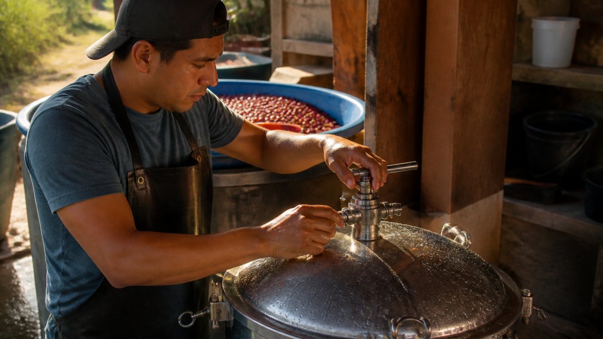 Close-up of a producer sealing a stainless steel fermentation tank filled with coffee cherries inside a small wet mill, condensation on the tank lid, hands on the valve, warm daylight
