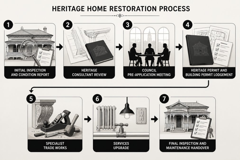 Flowchart showing the heritage restoration sequence: 1. Initial inspection and condition report, 2. Heritage consultant review, 3. Council pre-application meeting, 4. Heritage permit and building permit lodgement, 5. Specialist trade works, 6. Services upgrade, 7. Final inspection and maintenance handover