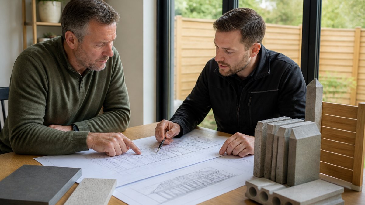 Homeowner sitting across from a contractor at a wooden table reviewing architectural plans and project sketches, both pointing to details with natural daylight streaming through windows