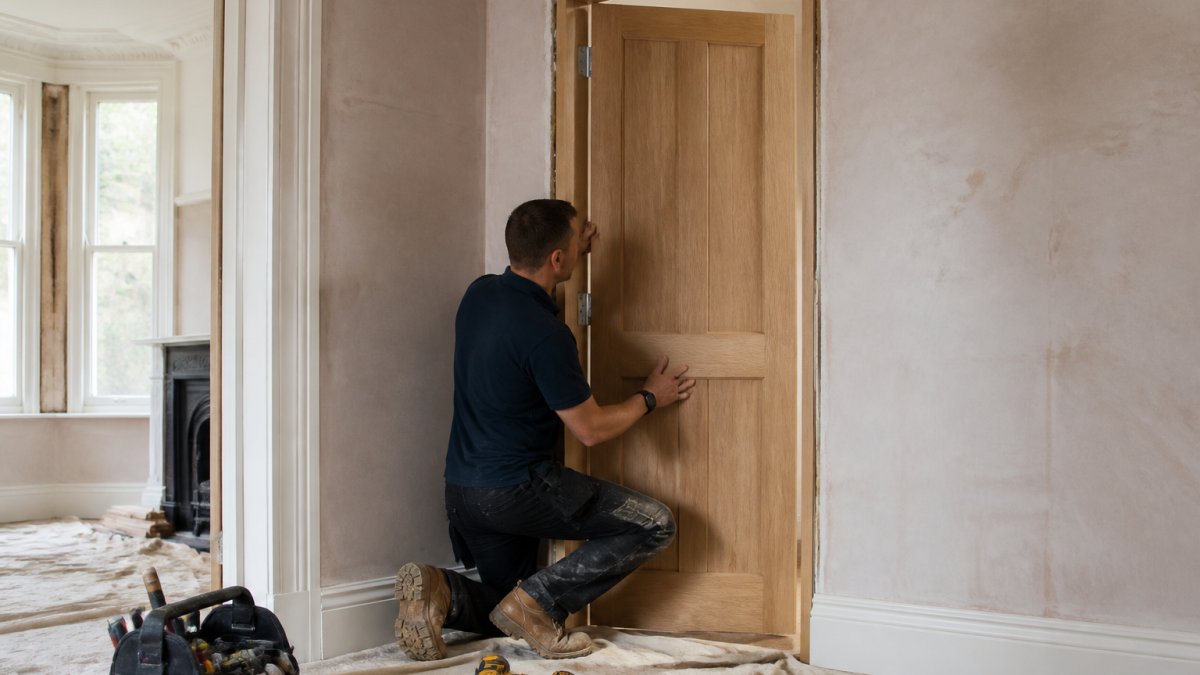 A joiner in work clothes fitting a solid oak internal door into a freshly plastered doorway in a period home, with tools and protective sheets on the floor nearby