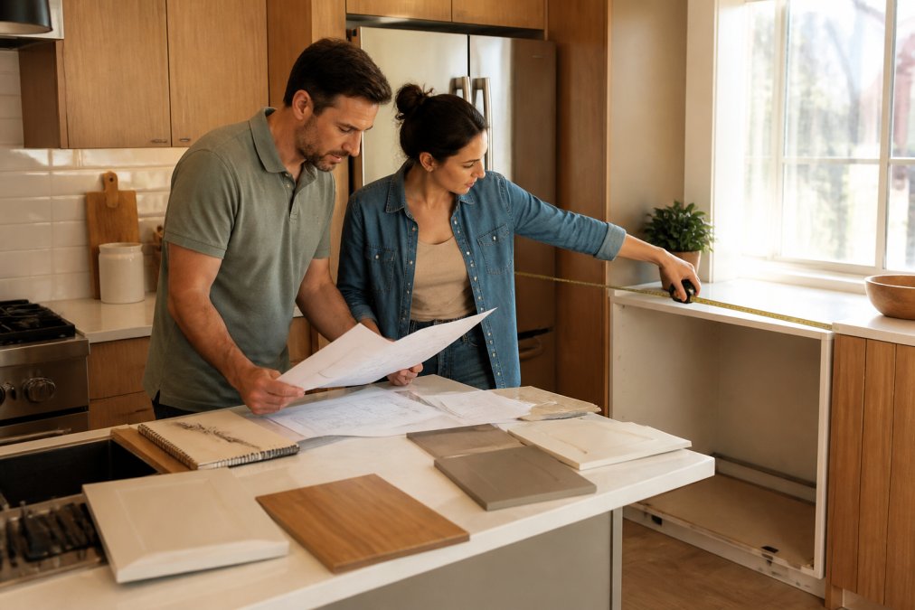A couple reviewing appliance spec sheets and measuring a kitchen space with a tape measure, surrounded by cabinet samples and a notebook on the counter, warm afternoon light through a window