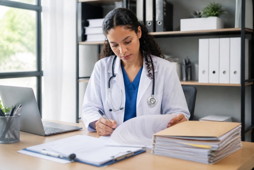 Healthcare professional at desk with organized renewal documents, laptop, checklist, and filing system in modern office with natural lighting
