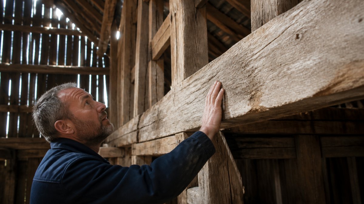 Craftsperson examining exposed timber beams in a historic barn, running hands along wood grain to assess structural integrity and decay, with natural light filtering through gaps in the roof