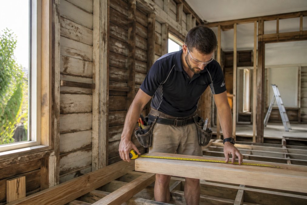 Carpenter in safety gear measuring timber framing for carpentry services during a home renovation in Melbourne.