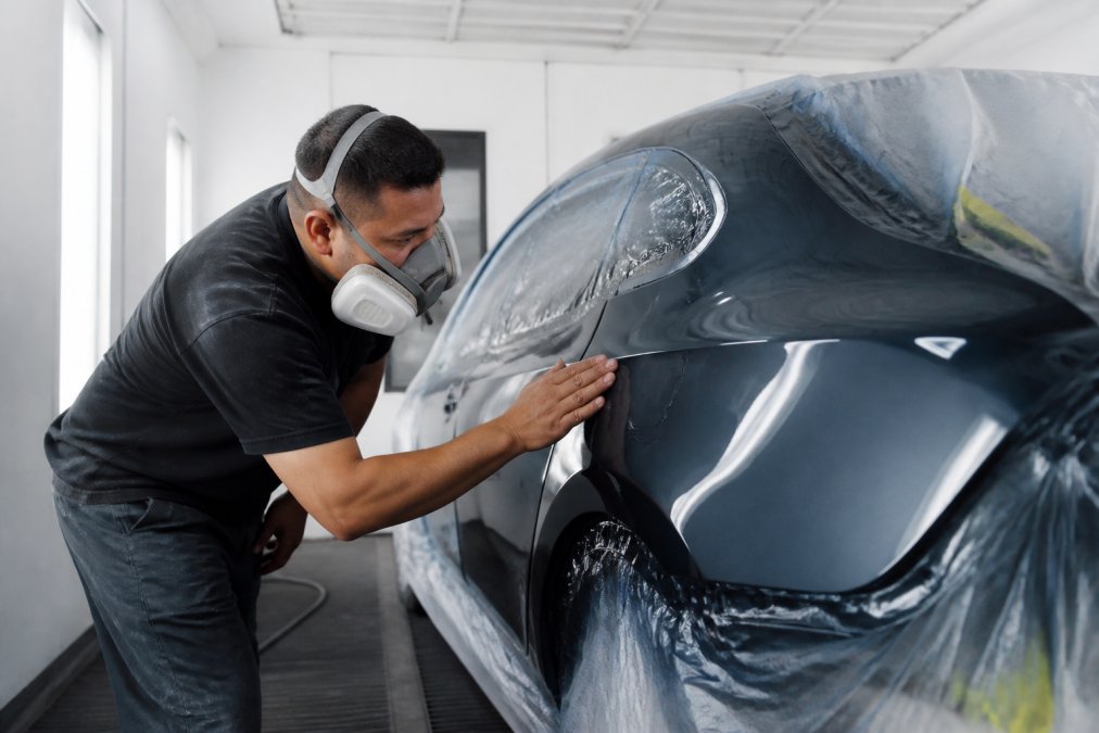 Automotive technician in a professional body shop carefully inspecting a freshly painted vehicle panel under bright booth lighting, checking for color match and smoothness