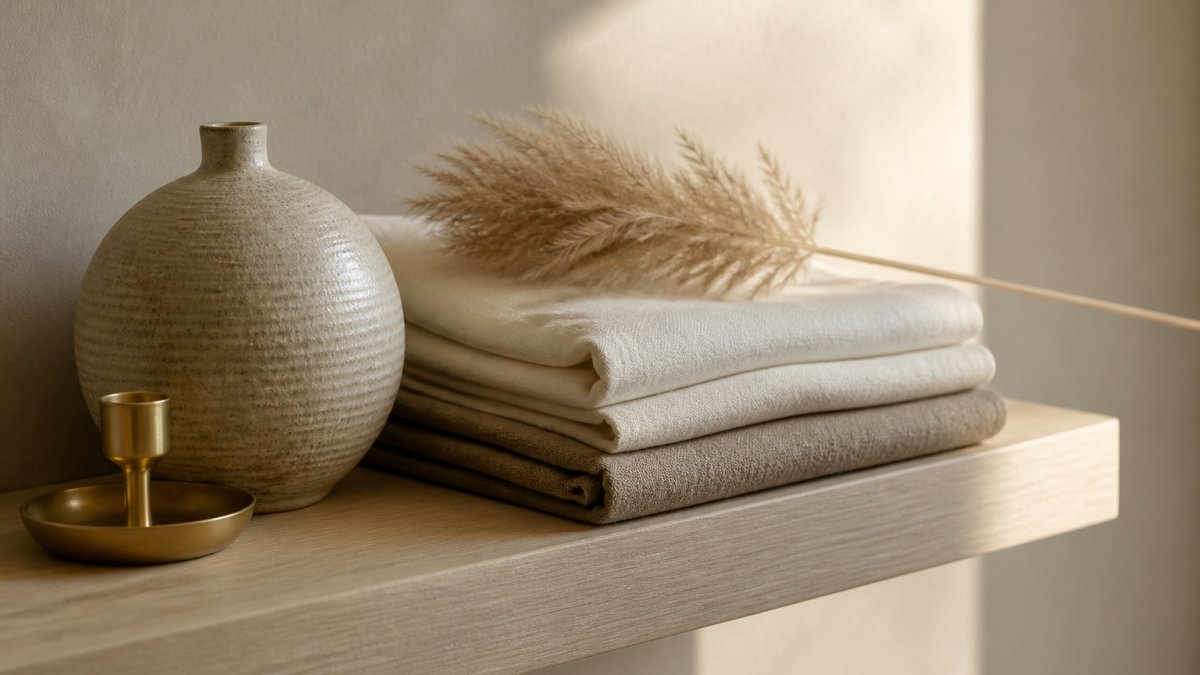 Close-up of carefully arranged luxury home accessories on a floating shelf, including folded linen textiles in cream and taupe, a handmade ceramic vessel, a small brass candleholder, and a single stem of dried pampas grass against soft natural light
