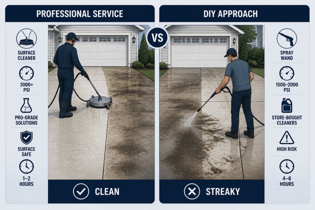 Technician using a surface cleaner for professional driveway stain removal on concrete