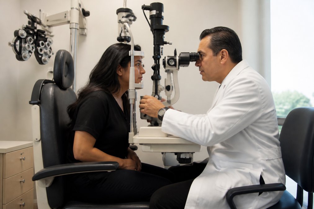 A patient reclining in a comfortable exam chair while an ophthalmologist examines the ocular surface with a slit lamp in a bright, modern clinic room, diagnostic equipment visible in the background