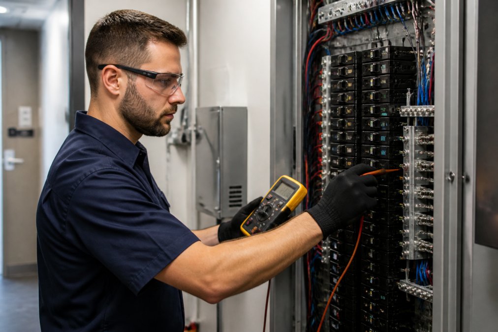 A licensed electrician in a clean uniform inspecting a modern circuit breaker panel in a well-lit hotel utility room, holding a multimeter and checking wire connections