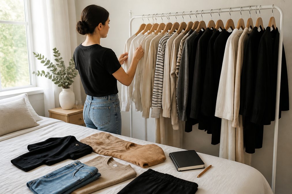 Woman reviewing neutral clothing on a rail for fashion advice in a bright bedroom with a curated outfit on the bed