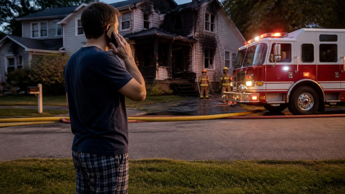 Homeowner on a phone outside a fire-damaged house as fire damage restoration begins at dusk.