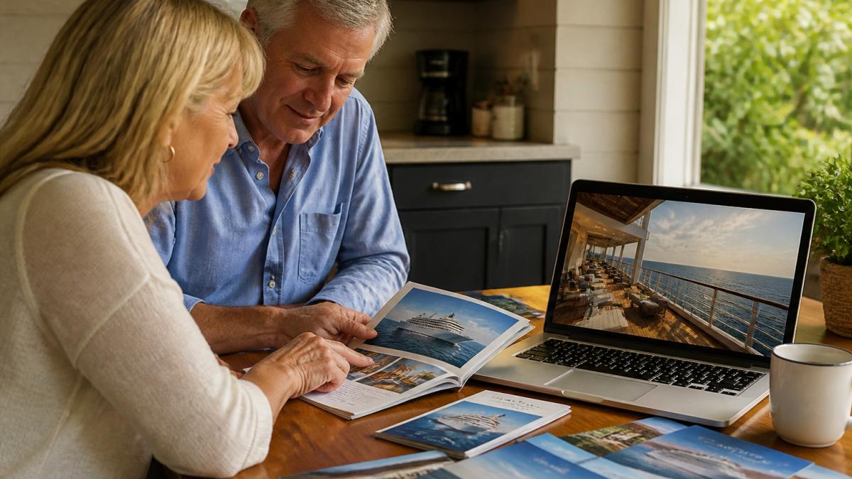 A couple and a travel advisor reviewing cruise brochures and a laptop at a sunlit desk, with a ship deck scene visible on the screen