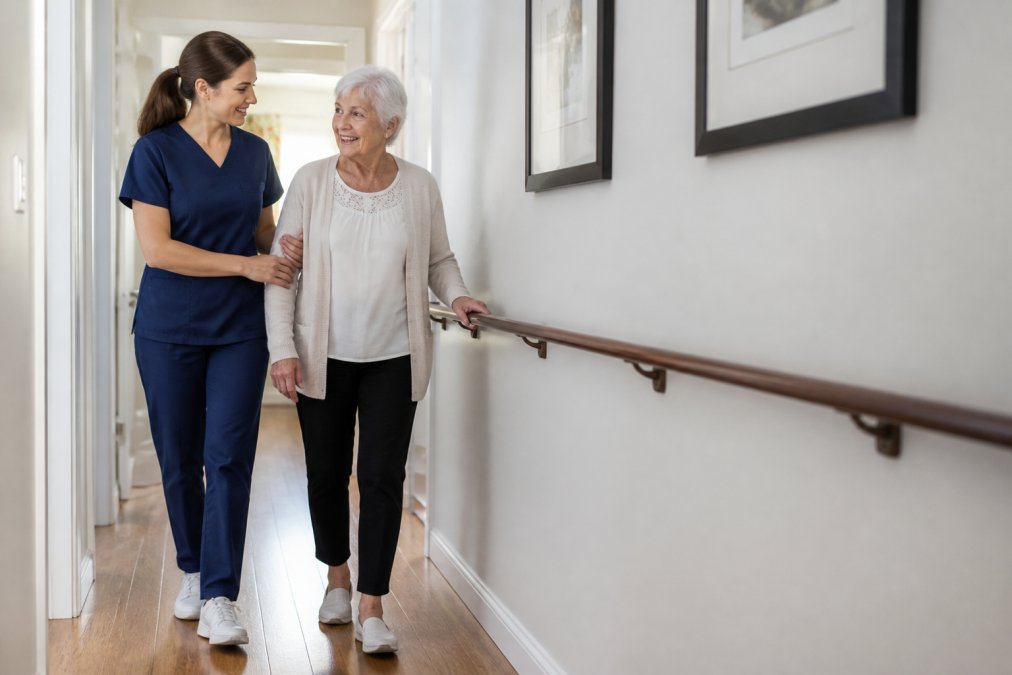 Caregiver supporting an elderly woman walking along a handrail during elderly home care in a bright hallway.