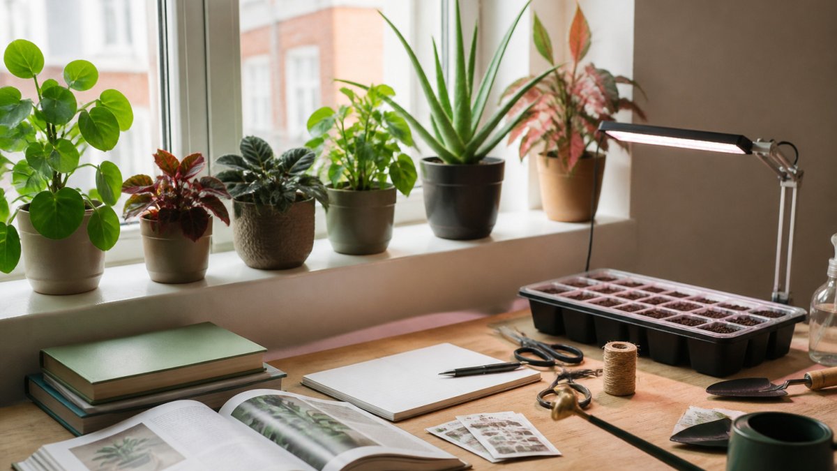 Potted houseplants on a bright apartment windowsill next to a seed tray under a compact LED grow light