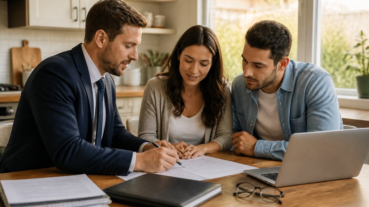 A real estate agent and a couple reviewing offer documents at a kitchen table, laptop open and pen in hand, warm afternoon light through the window