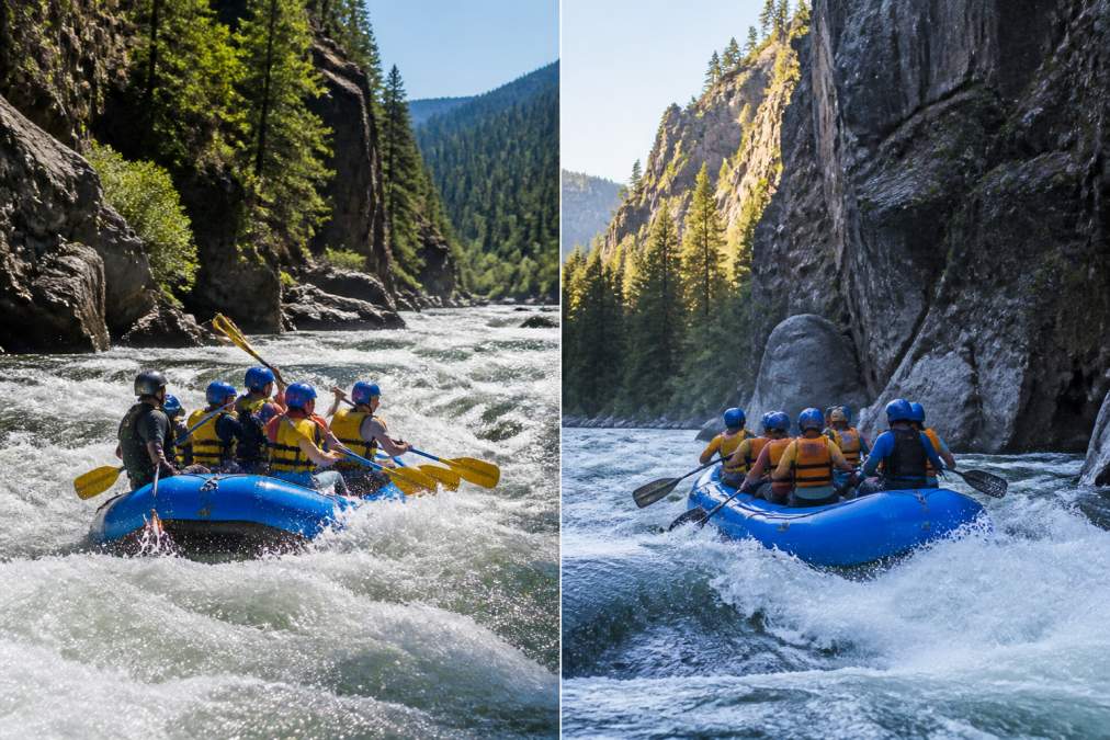 A raft of six paddlers in helmets and life jackets navigating a churning Class III rapid on a forested Sierra Nevada river, granite canyon walls rising on both sides, morning light on the water