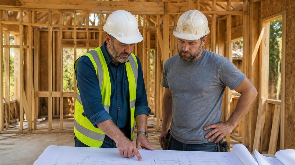 Construction site supervisor in safety vest reviewing architectural blueprints with subcontractor, pointing at framing work on residential home renovation, natural daylight