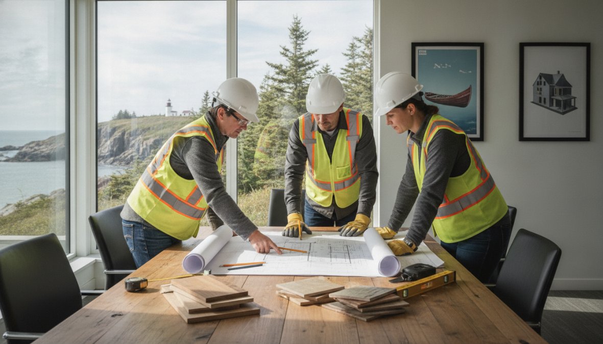 Professional contractor team reviewing renovation blueprints and design plans on a table in a bright office setting with natural lighting