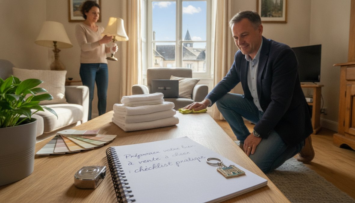 Conseiller immobilier effectuant une visite de diagnostic dans un salon lumineux, prenant des notes et des photos du bien, avec fenêtres ouvertes et lumière naturelle