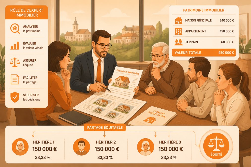 Professionnel en costume examinant des documents immobiliers avec plusieurs héritiers assis autour d'une table en bois dans un bureau lumineux avec fenêtres donnant sur le patrimoine