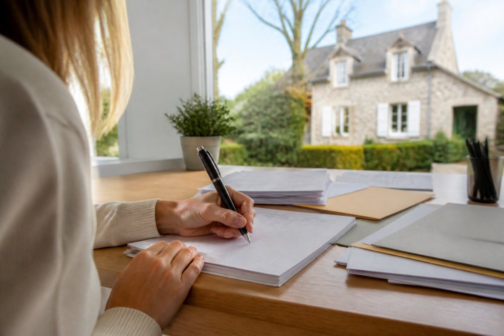 Mains d'une femme prenant des notes détaillées sur un formulaire de succession avec un bien immobilier visible en arrière-plan, stylo à la main, documents éparpillés sur un bureau