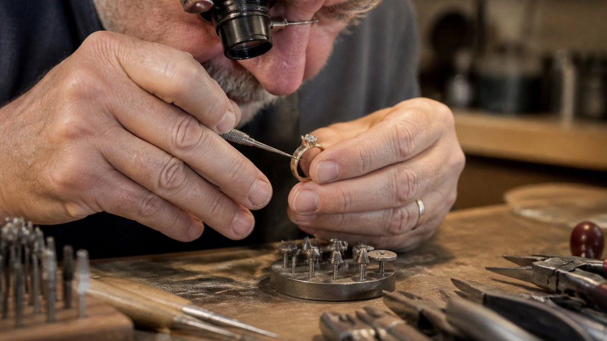 Professional jeweler's hands carefully inspecting and working on a delicate gold ring with a jeweler's loupe and specialized repair tools under bright studio lighting