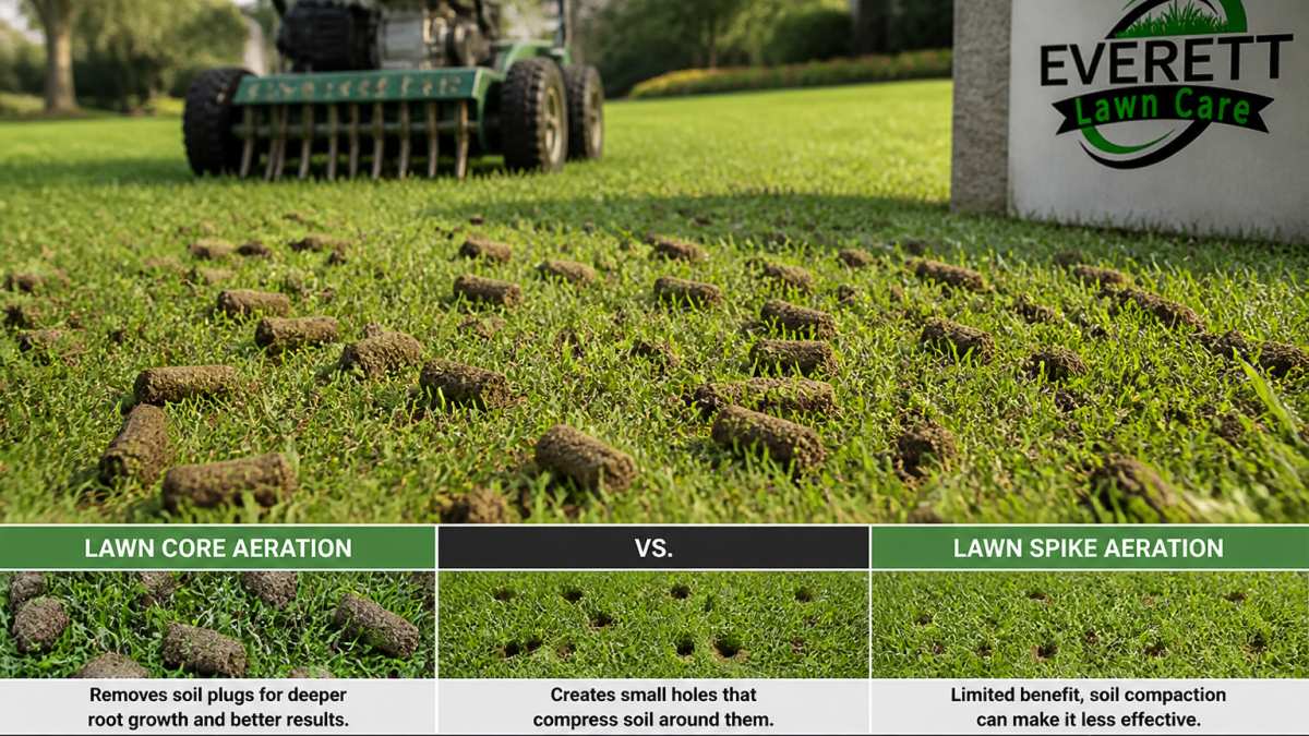 Cylindrical soil plugs on green turf following lawn aeration with a walk-behind machine in the background