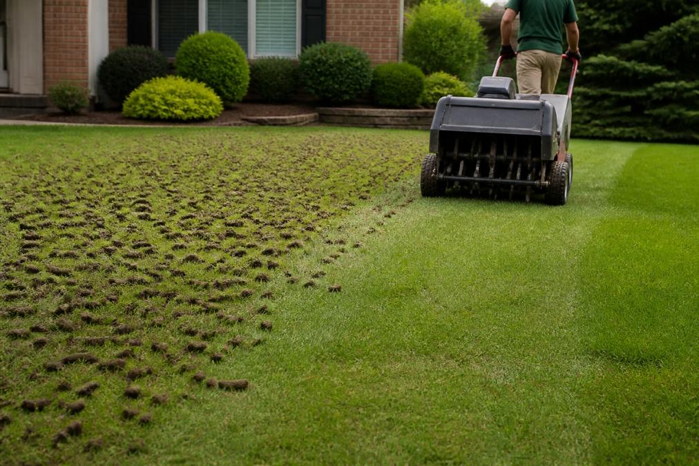 Professional using core aeration equipment on residential lawn showing visible soil plugs and contrast between aerated and compacted sections
