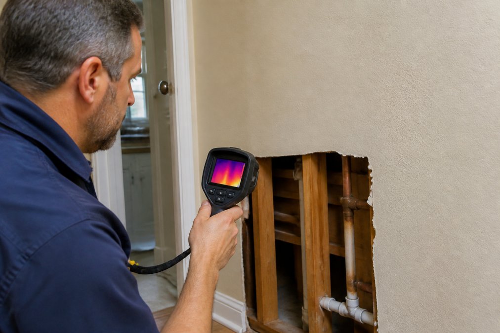 Licensed plumber using a thermal imaging camera to perform advanced leak detection services behind a wall