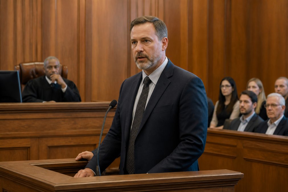 Expert witness in professional business attire standing at the witness stand in a courtroom, facing the jury with serious demeanor, courtroom gallery and judge visible in background, formal lighting