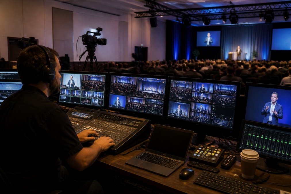 Professional broadcast control room with multiple monitors displaying live camera feeds, vision switcher interface, and audio engineer monitoring levels at mixing console during active corporate event stream, modern studio lighting